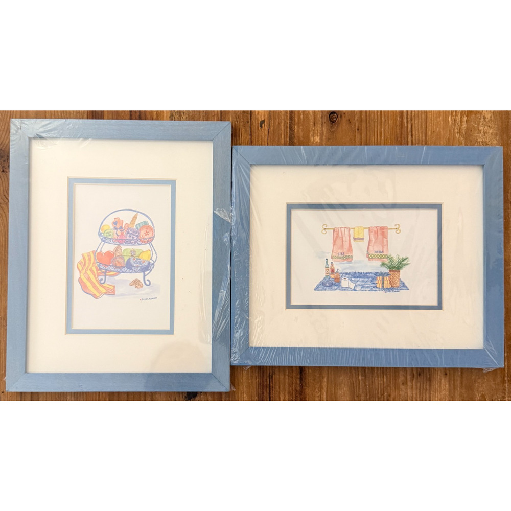 Set of 2 Carol Eldridge Prints Vintage Framed Art Bathroom 9 x 11 Whimsical NWT
